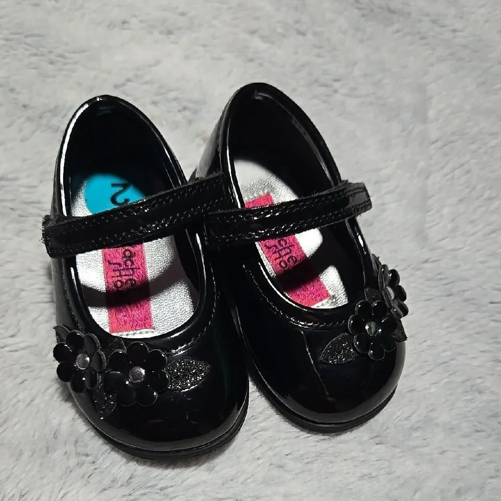 Rachel Shoes Baby Girl Black Patent Mary Jane Dress Shoes Glitter Flower Size 2